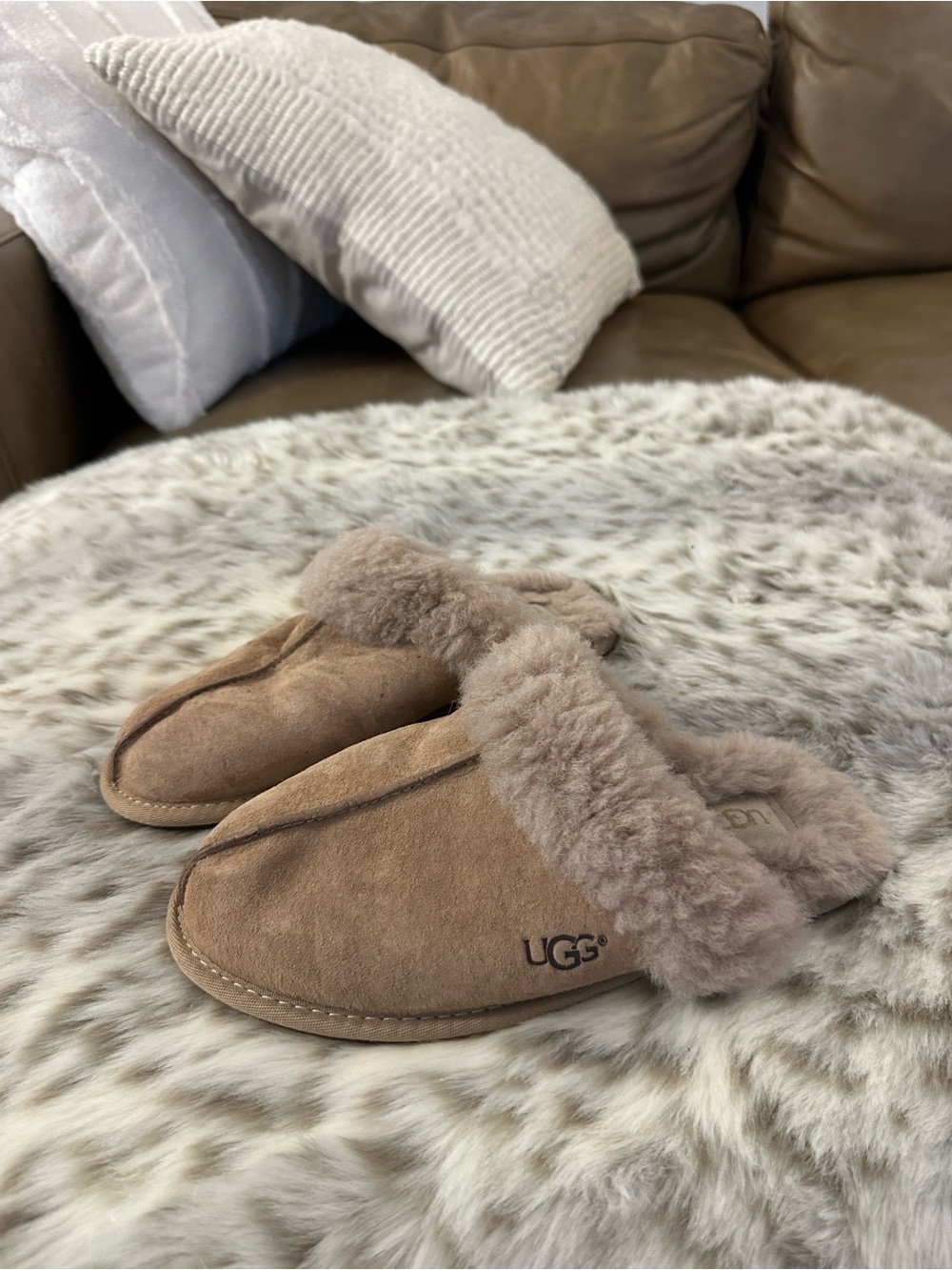 UGG Women's Chestnut Tan Suede Shearling Slip-On Slippers